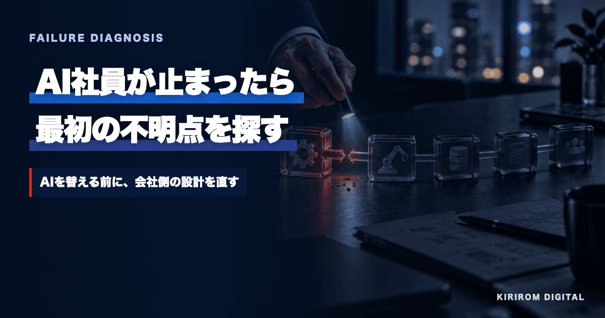 仕事の流れが一箇所で止まり、原因を特定する様子を表した生成ビジュアル